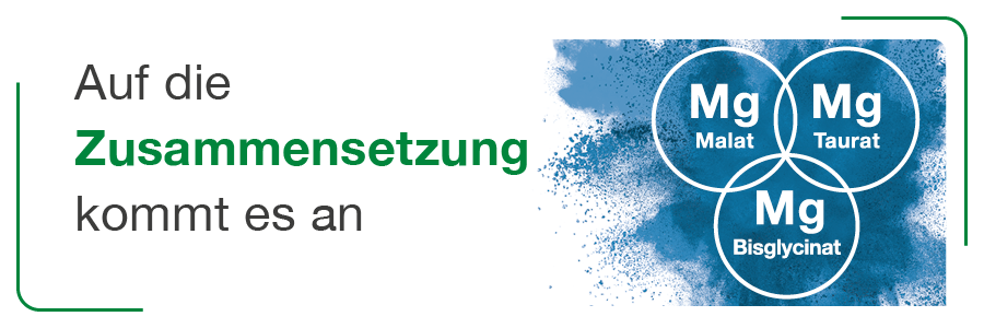 Blaue Kreise mit Mg Malat, Taurat, Bisglycinat. Text: Auf die Zusammensetzung kommt es an.